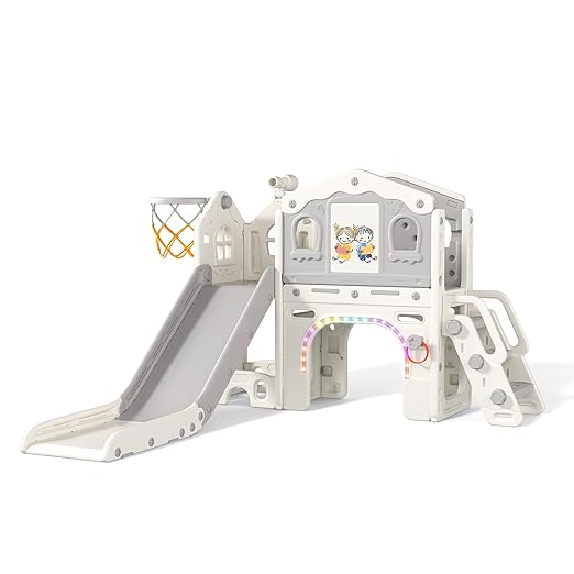 BIERUM 9 in 1 Toddler Slide Set - Baby Slide for Toddlers 1-3 with Colorful Lights, Drawing Board and Building Blocks Board, Indoor Outdoor Toddler Playset Playground, White Gray