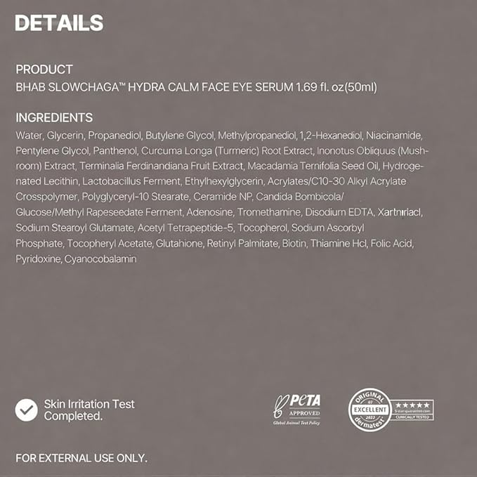 BHAB SLOWCHAGA Hydra Calm Face & Eye Serum - Hydrating Korean Serum with Panthenol & Ceramide for Barrier Repair, Soothing Sensitive Skin, Glass Skin Glow, 1.69 fl oz (50ml)
