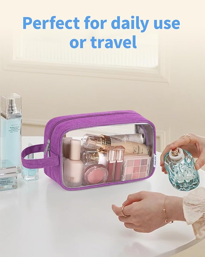 Narwey Clear Travel Toiletry Bags for Traveling Toiletries Men Women, Clear Makeup Bag Cosmetic Bag with Zipper, Make Up Pouch Organizer Bag with Handle, Skincare Beach Snack Medicine Bag, Purple