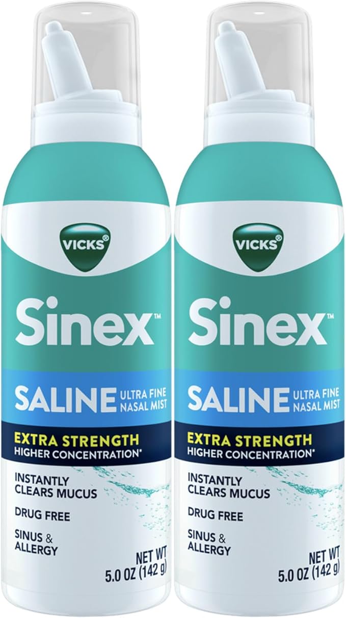 VICKS Sinex Saline Extra Strength Nasal Spray, 3X Concentrated* Drug Free Ultra Fine Mist, Instantly Clears Mucus, Ultra Concentrated to Clear Congestion Fast, Safe For Daily Use, 5 OZ x 2
