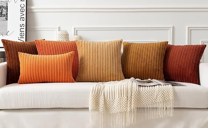 UGASA Fall Velvet 12x20 Inch Lumbar Soft Throw Pillow Cover Boho Farmhouse Decorative Corduroy Striped Both Sides Solid Rectangular Cushion Case for Couch Bedroom Sofa Home, 1 Piece, Dark Orange