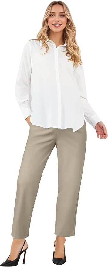 OUGES Womens Stretchy Maternity Over Belly Casual Work Straight Leg Pants Ankle Business Office Trousers with Pockets