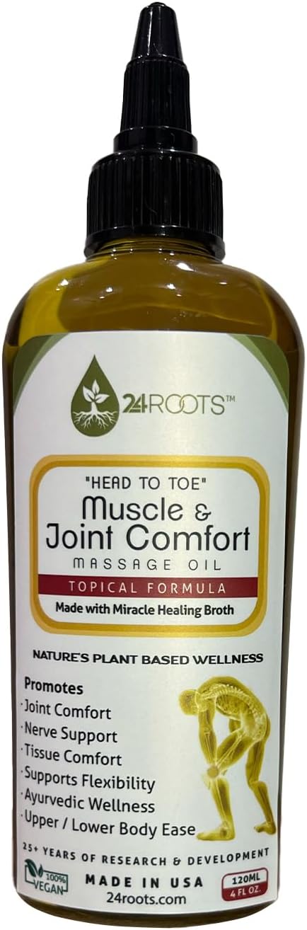 Plant Based Muscle & Joint Comfort Massage Oil - Soothes Soreness, Eases Aging Discomfort, Promotes Flexibility, and Tissue Comfort - Made with 24+ AYURVEDIC Herbs - 100% Vegan (4 FL Oz/120 ML)