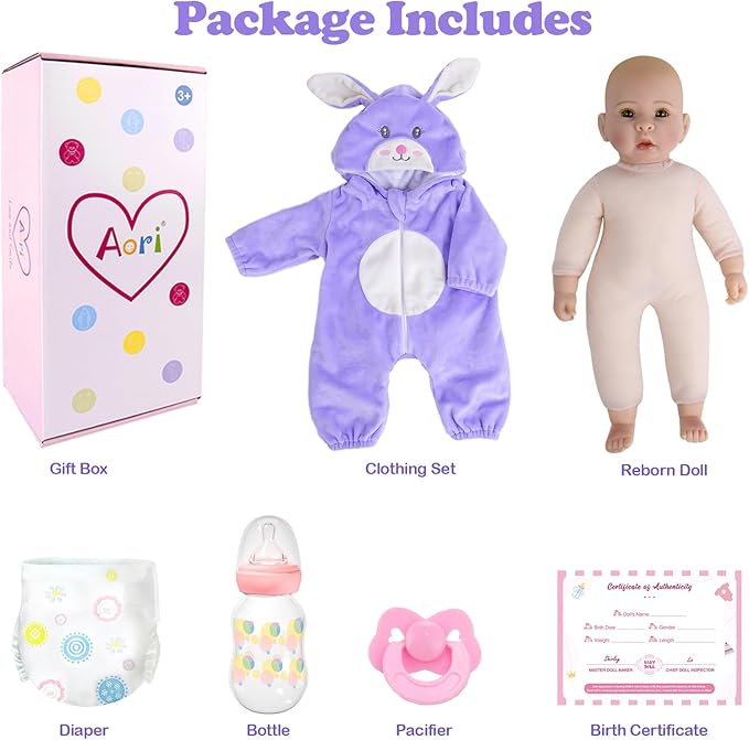 Aori Real Baby Dolls - 17 Inch Realistic Baby Doll with Soft Body & Purple Bunny Outfits for Girls 3+ Pretend Play, Dress Up, Nursery Decor