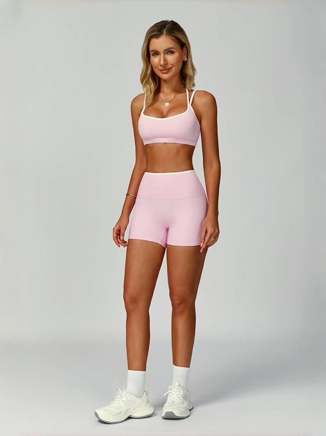 ABOCIW Workout Sets for Women 2 Piece Color Block Strappy Sports Bra High Waist Shorts Gym Yoga Pilates Outfits