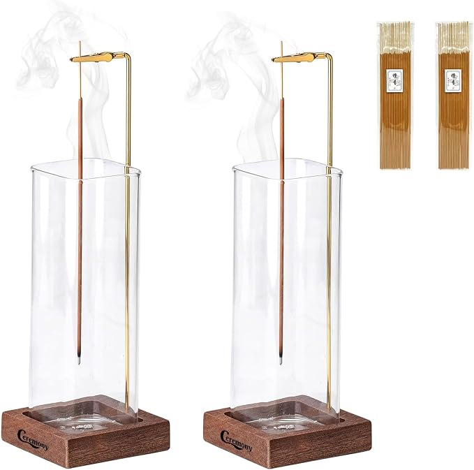 Ceremony Incense Holder,2 Pack Wood Incense Holder for Sticks with Glass Ash Catcher Ceremony Incense Holder