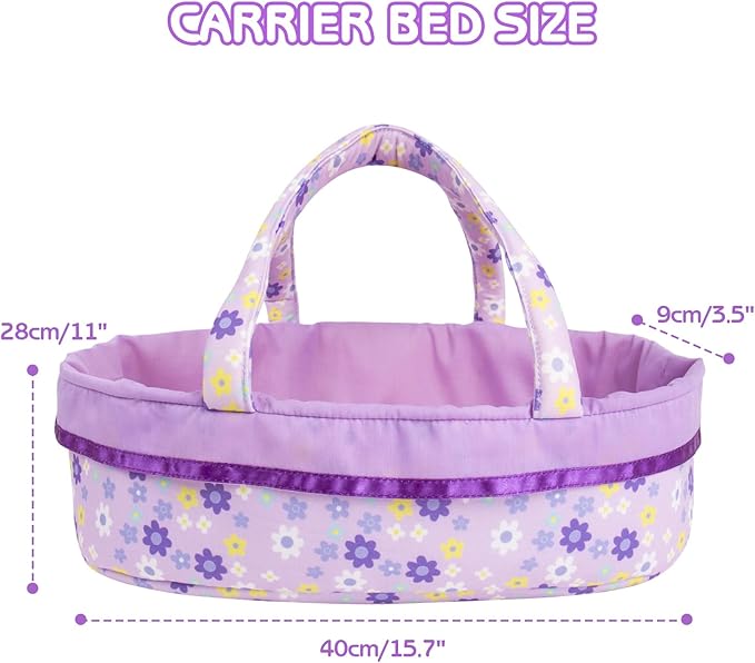Aori 8 Pcs Reborn Baby Dolls Clothes with Bassinet for 16-18 Inch Reborn Doll, Purple Carrier Bed and Baby Doll Clothes Accessories fit Newborn Girl