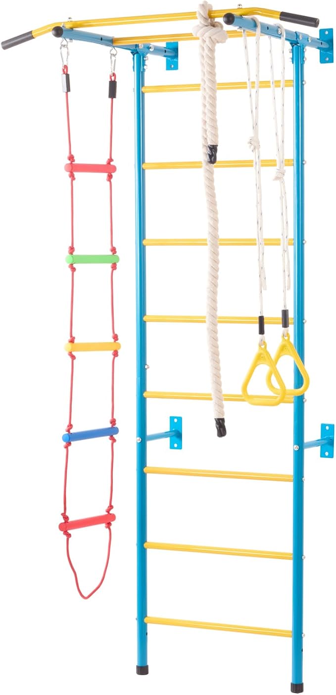 VEVOR Indoor Jungle Gym for Toddlers, 5-in-1 Climbing Playset with Carbon Steel Swedish Ladder, Wall Ladder, Pull-Up Bar, Rope Ladder, and Gymnastic Rings, Supports 220 lbs, Multicolor