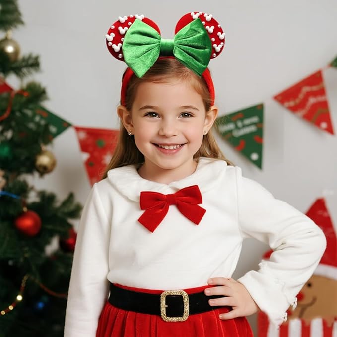 JIAHANG Christmas Mouse Ears Turban Headwrap with Pearls, Velvet Hair Bow Hairband with Beadings for Baby Girls Infants Toddlers Kids