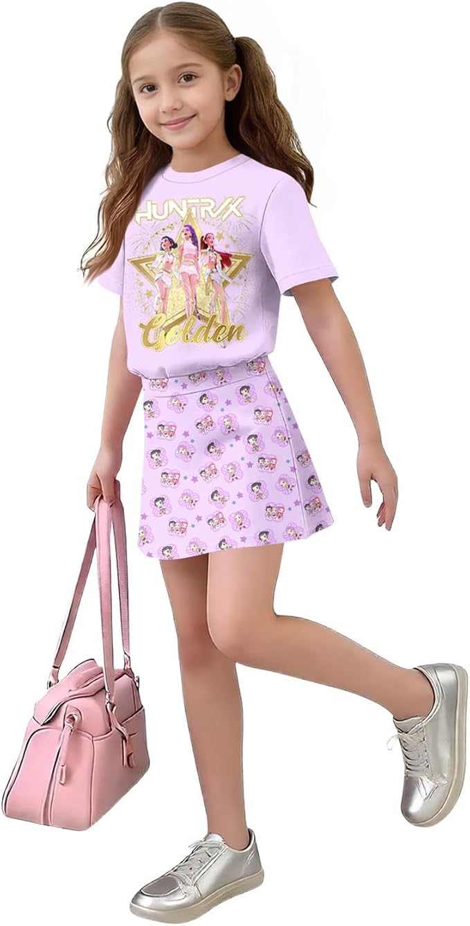 HTHLVMD K Pop Short Sleeve T-Shirt and Skirts Outfits Set for Girls Hunters Rumi Mira Zoey Graphic Tees De-Mon Costume
