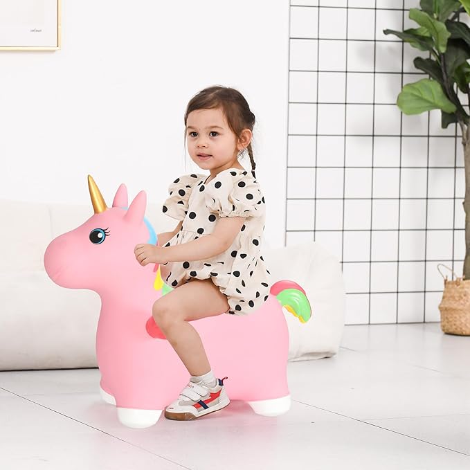INPANY Unicorn Bouncy Horse Toys for 2 Year Old Girl, Toddler Girl Bouncing Animal Hopper Horse, Inflatable Hopping, Ride on Rubber Bouncer, Indoor Outdoor Baby Birthday Gifts for 3 4 Year Old Boys