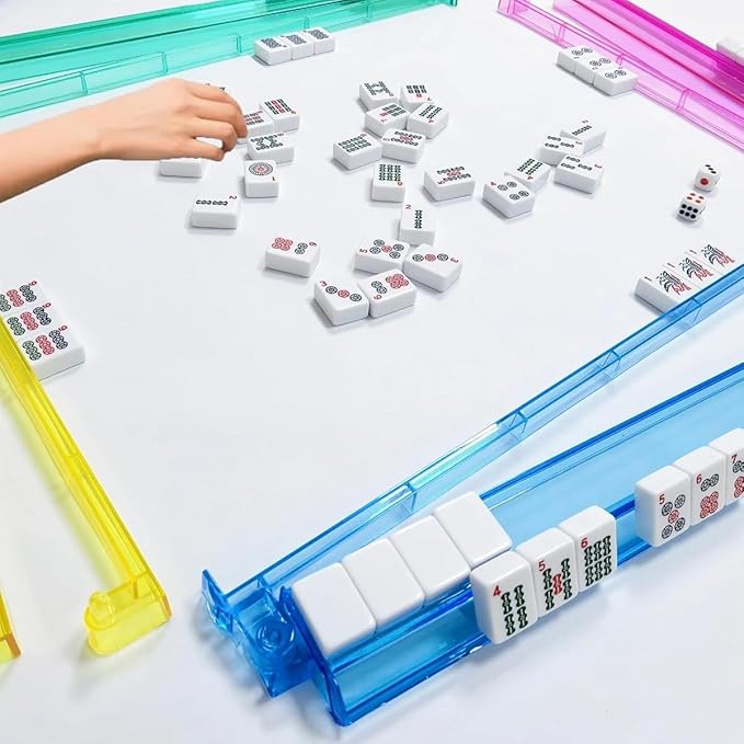 American Mahjong Set - 166 Premium White Tiles with 4 All-in-One Racks & Pushers, 3 Dices, 100 Chips, Wind Indicator & English Manual - Gift for Men Women, Classic Mah-Jong Set in Carrying Bag