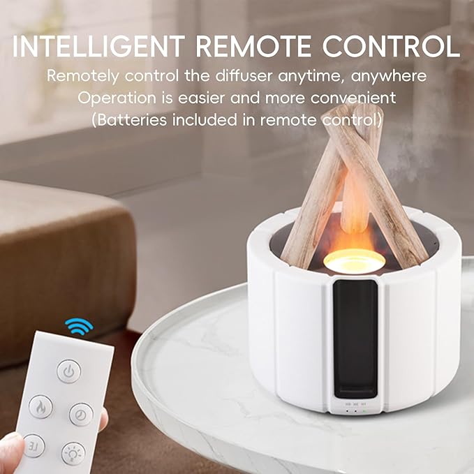 YALEDI Campfire Flame Fire Diffuser, Bonfire Aromatherapy Essential Oil Diffuser, 250ml Wood Cool Mist Humidifier for Home,Bedroom,Office, Remote Control, Auto Shut-Off, Night Light, Gift (White)