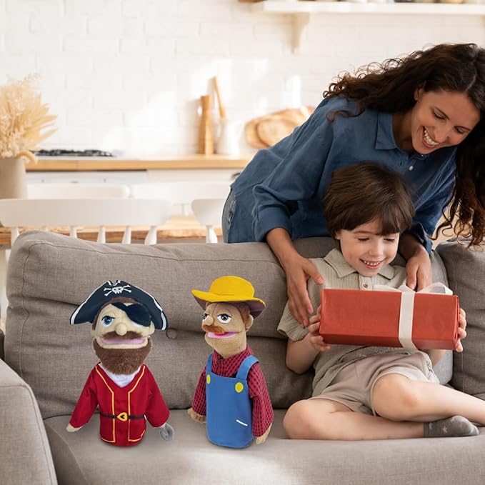 Professional Hand Puppets,2pcs Pirate Puppet and Farmer Hand Puppet for Kids Role Play,Teaching Puppet Stuffed Toys Character Puppets with Movable Mouth(02-Pirate&Farmer)