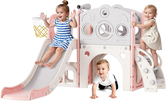 Babytronic Toddler Slide, 8 in 1 Kids Slide with Basketball Hoop, Telescope and Climber, Baby Slide Toddler Playground, Indoor Outdoor Playset for Toddlers Age 1-3, Kids Indoor Playground (Pink)