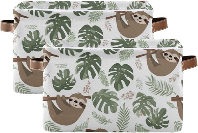 Aslsiy Storage Basket Sloth Tropical Leaves Nursery Bins Baby Box Canvas Clothes Shelf Basket Laundry Hamper Gift Baskets for Home Closet 2 Pcs