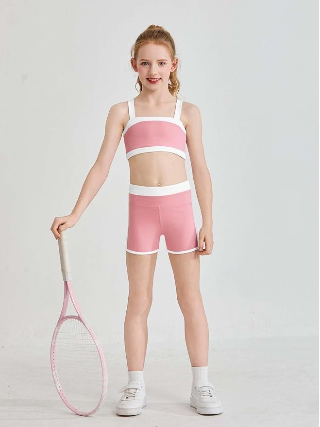 Haloumoning Girls 2 Piece Outfits Athletic Color Block Training Bra and High Waisted Shorts Clothing Sets 5-14Y