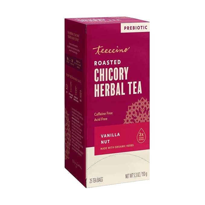 Teeccino Vanilla Nut Herbal Tea, 25 Tea Bags - Rich & Roasted Herbal Tea That’s Caffeine Free & Prebiotic for Natural Energy, 3X more Herbs, Acid Free, Great Hot or Iced