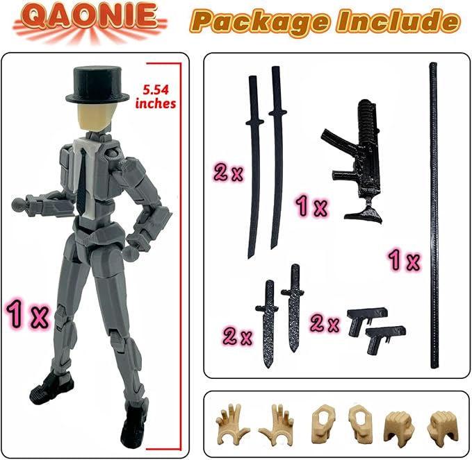 3D Printed 5.54-inch Multi-Jointed Action Figures Dummy13, Full Body Mechanical Movable Toy, Multiple Accessories, Hand Painted Figure, Desk Decoration, Creative Gifts (Y-Gray Gentleman)