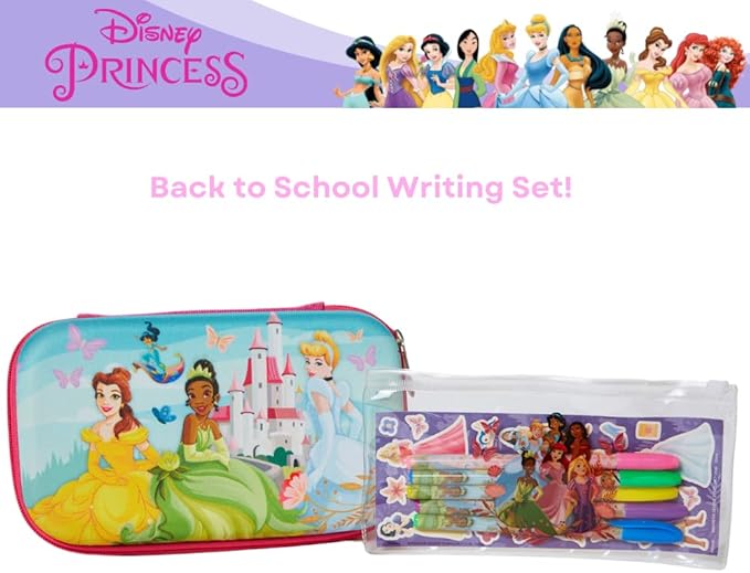 Innovative Designs Disney Princess Pencil Case Set with Stickers and Gel Pens for Kids, Molded with Zip Closure