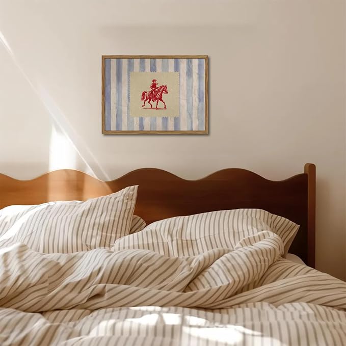 Vintage Western Wall Art, Mid Century Cowboy Rodeo Wall Decor, 16x24 in Framed, Striped Southwestern Poster Canvas Prints Country Horse Riding Artwork for Bedroom Living Room Farmhouse