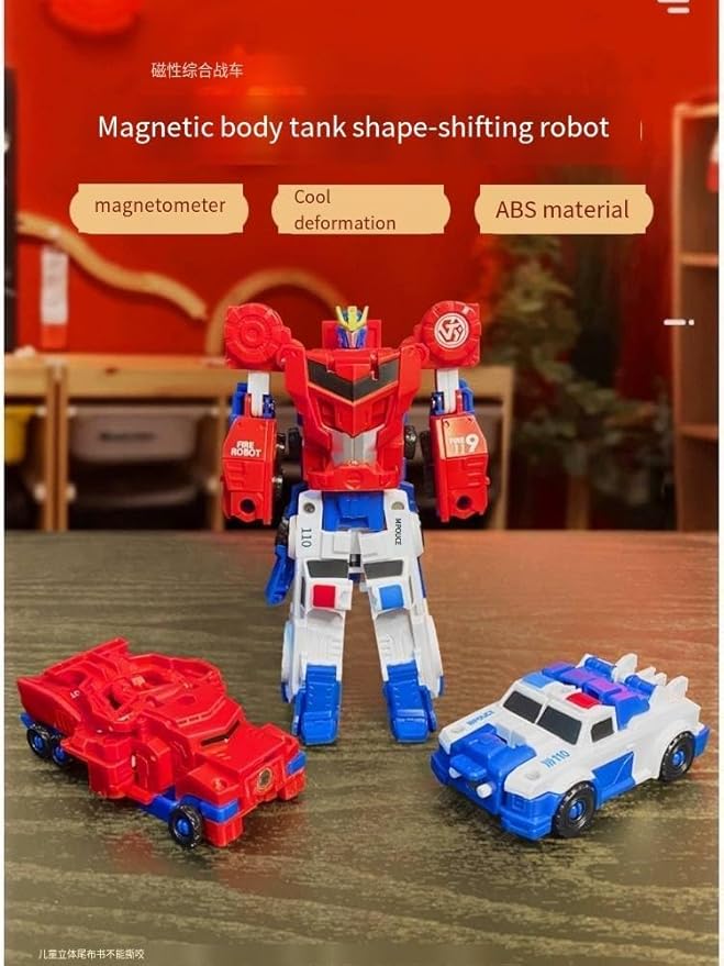 Magnetic Morphing Combination Robot Police Car Fire Truck Action Fiqure Transform Robot Toy for Boys,Girls,Teens, Adults…