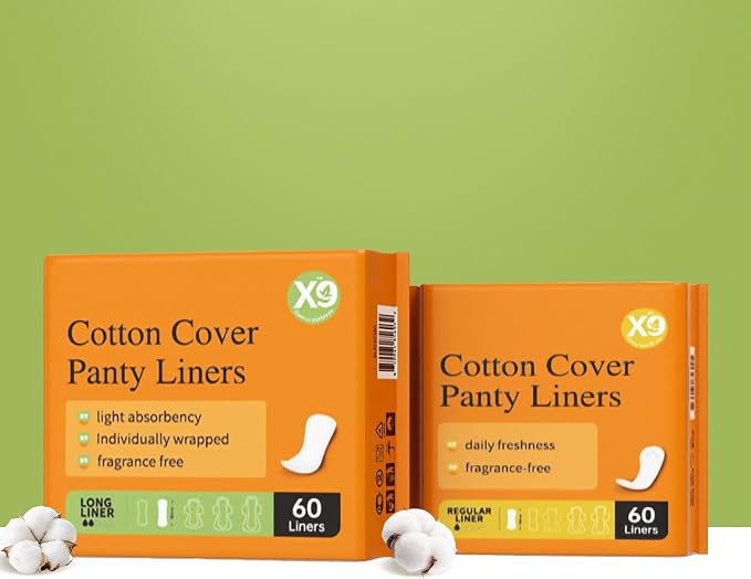 X9 Cotton Cover Panty Liners for Women, 60 Count, Fragrance-Free Light Absorbency Daily Liners with Soft Cover (Regular, Count, 60.0)