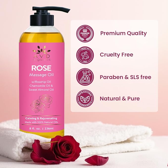 AVD Organics Rose Massage Oil 236 ML|Infused with Olive Sweet Almond and Jojoba Oil | Hydrating & Soothing | Made with Natural Ingredients | for Skin and Body|Ideal for Both Men and Women|8 fl oz