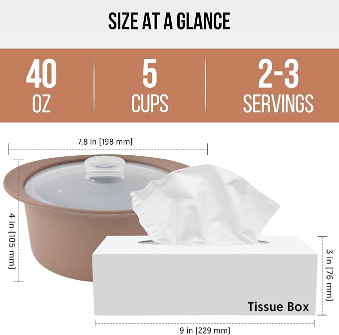 40oz Platinum Silicone Microwave Steamer Pot with Handle & Lid - Korean 100% Food-Grade Steamer Bowl, Heat-Resistant Cooker with Steam Holes, Easy Clean, Dishwasher Safe, Taupe Brown