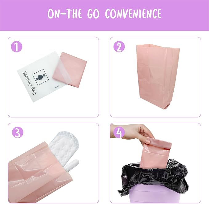 Sanitary Napkin Disposal Bags, Individually Wrapped, 100 Pack | Feminine Hygiene Disposal Bags for Pads, Tampons, Privacy Protection, Pink
