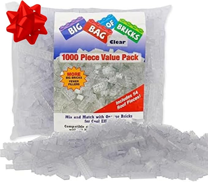 SCS Direct Building Block Bricks - 1000 Pc Bulk Set of Unique Clear Color with 54 Roof Pieces - Great for Activity Tables, Creativity & School Projects