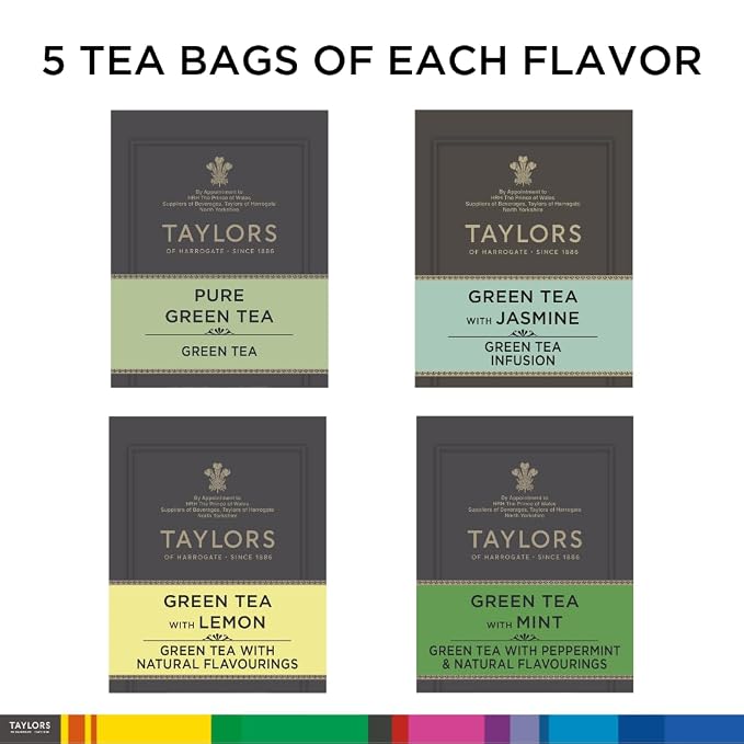 Taylors of Harrogate Assorted Specialty Green Teas Sampler, Variety Gift Box, Individually Wrapped Bags, 20 Count (Pack of 1), Jasmine, Mint, Lemon, and Pure, Caffeinated, Enjoy Hot or Iced, 20 Teabags