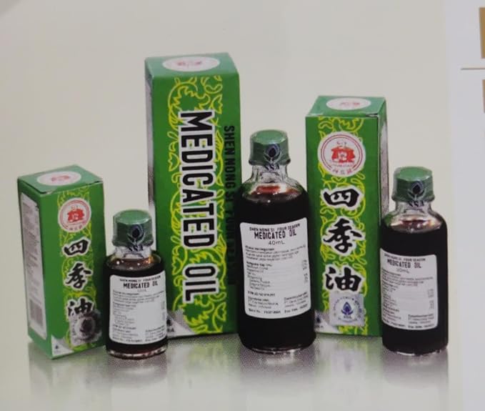 Four Season (Shen Nong Si) Medicated Oil 40 ml, Traditional Asian Therapeutic Massage Oil, Classic Aroma for Cold Relief, Motion Sickness, Breathing, Itchy Skin, Stomach Discomfort, Sore Muscles