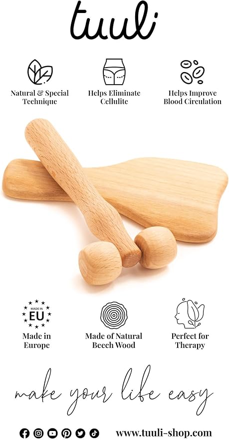 tuuli Body and Face Roller, Multi-Functional Wooden Massage Roller, Helps Ease Muscle Tension and Support Skin Health, Natural Face Massage Tools, Set of 2 (2 Piece Set C)