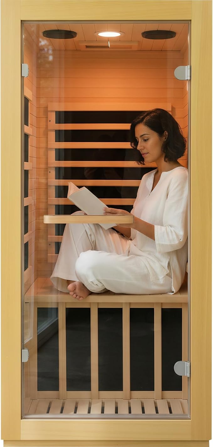 OUTEXER Infrared Sauna Room Indoor Saunas Home Obeche Wood 900W Low-EMF Dry Saunas Single Person Spa with 7 Color Light 32.3 * 28.3 * 61.4 inch