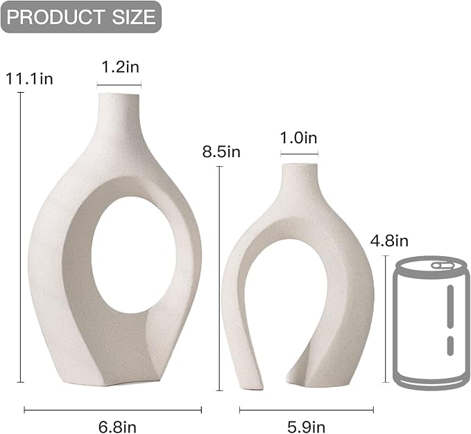 Lvases Snuggle Hollow Ceramic Vase Set of 2, Boho Style Nordic Modern Vase | Round Mid Century Aesthetic Decorative Vase for Home Decor Living Room Kitchen Book Shelf Decorations (Cream W 6.8" X H 11")