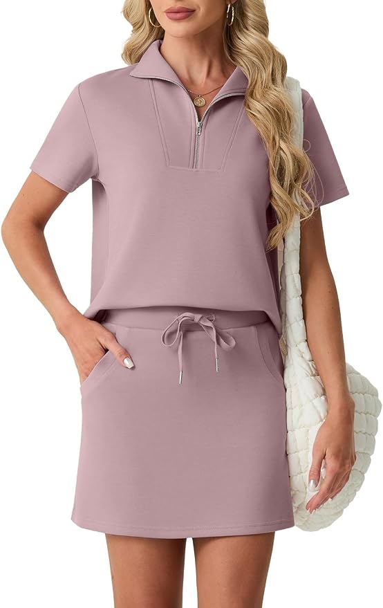 GRECERELLE Women's Summer 2 Piece Skort Set Half Zip Short Sleeve Top & Pocketed Tennis Skirt For Sports & Vacations.