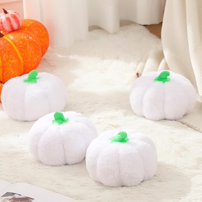 4 Pcs Pumpkin Pillows Fall Halloween Pumpkin Stuffed Animals Rabbit Hair Plush Toys Fluffy Thanksgiving Decor Throw Pillows Gifts for Kids for Home Bedroom Sofa Couch(White)