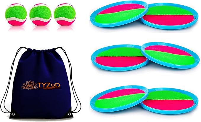 Toss and Catch Ball Set, Outdoor Games, Beach Games for Kids, Toss Ball and Catch Game Set for Kids/Family (6 Paddles, 3 Balls and 1 Storage Bag) (Pink-Green)