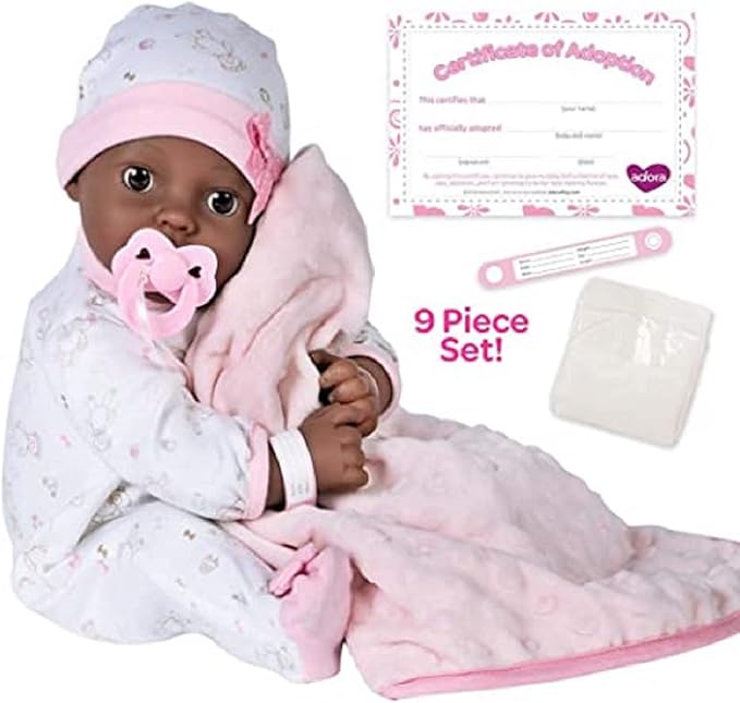 Adora Realistic Adoption Doll Joy, 16” Adorable Doll with 9-Piece Accessories includes Pacifier, Hospital Bracelet, Disposable Diaper, Blanket, Crib, Removable Onesie and a Cap.