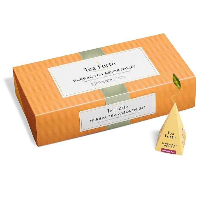Tea Forte Premium Petite Presentation Box Gift Set Sampler, 10 Count, 2 of Each Blend Individually Wrapped Handcrafted Pyramid Infuser Bags, Herbal Variety