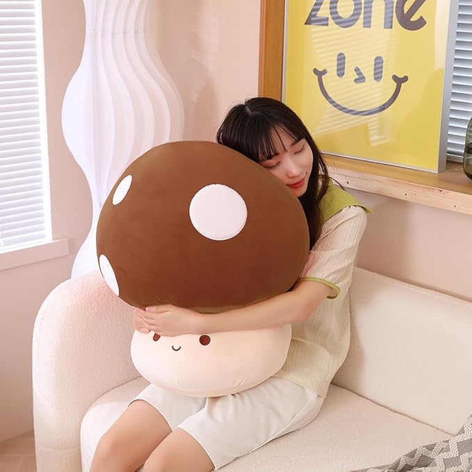 Cute Mushroom Plush Toy, Brown Mushroom Plush Pillow 3D Soft Mushroom Plushie, Mushroom Hugging Plush Pillow Gift for Girls Kids Home Mushroom Decor Christmas Birthday 35cm