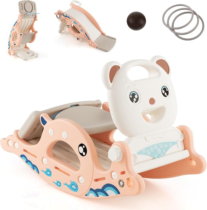 Costzon 4 in 1 Toddler Slide Rocking Toy, Slide for Kids with Basketball Hoop and Ring Game, Rocking Horse, Foldable Climber Playground Slide for Both Indoors Outdoor Use (Pink Ocean), YMHT1003