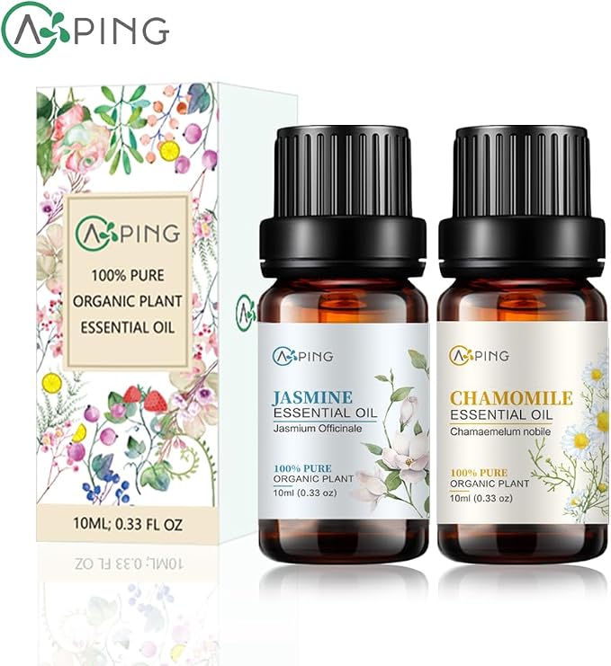 Jasmine & Chamomile Essential Oils - 100% Pure Organic Natural Plant Oils for Diffuser, Aroma, Spa, Massage, Yoga, Perfume, 2x10ML