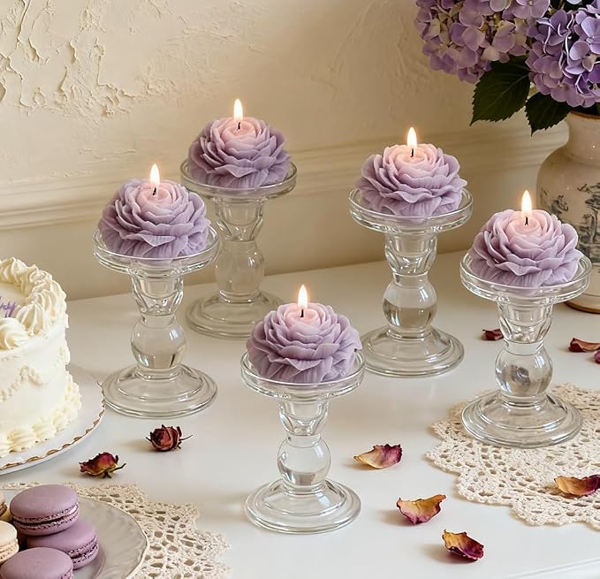 4 Pack Peony Flower Shaped Decorative Scented Candles, Floral Aromatherapy Decor for Wedding Bridal Shower, Dessert & Flower Cake Table, Birthday Gifts for Women Mom Wife (Purple)