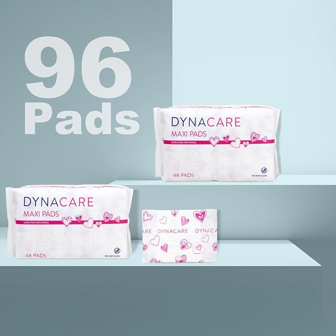Dynarex Ultra Thin Maxi Pads with Wings - Light Absorbency Feminine Santiary Pads, Secure Fit, Leak-Free Protection, Unscented, Case of 2 Boxes, 48 per Box