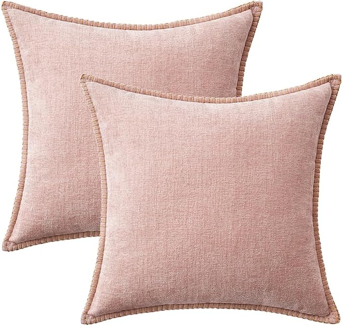 MIULEE Decorative Couch Throw Pillow Covers 16x16 Inch Pink 2 Pack | Farmhouse Pillow Covers with Stitched Edge, Soft Chenille Cushion Cases, for Sofa Bed Living Room Home Decor