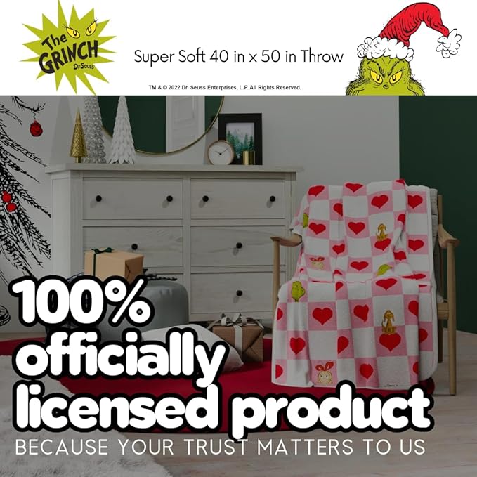 Grinch Checkered Heart Bedding Super Soft Silk Touch Throw, 40 in x 50 in, (Officially Licensed Product) by Franco Collectibles