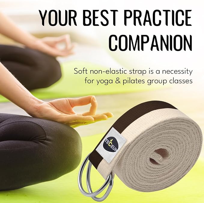 TECEUM Yoga Strap & Mat Strap – 2 IN 1 – Cotton – 6 ft 8 ft 10 ft (30+ colors) – Adjustable Non-Slip Belt for Yoga, Pilates, Stretching, Physical Therapy, Fitness & Home Workout – For Carrying Mats
