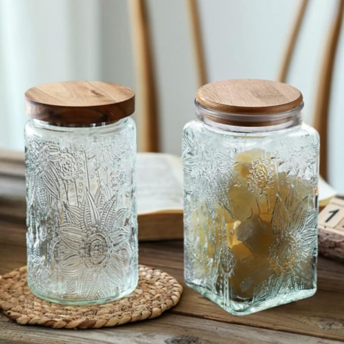 Square Glass Jar with Lid, 34oz Airtight Coffee Canister | Coffee Grounds Container, Glass Food Storage Container for Candy, Tea, Sugar, Decorative Mason Jar